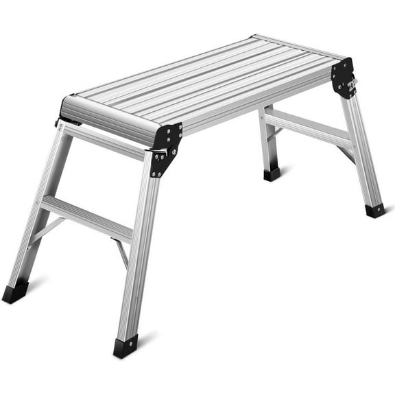 RONG-3 Work Platform Aluminum Step Ladder Drywall Safe CE Approved of Capacity 330 LBS Heavy Duty Portable Bench Folding Ladders Stool w/Non-Slip Mat (Silver)