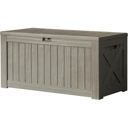 RONG-3120 Gallon Deck Box Resin Outdoor Storage Box Waterproof for Patio, Large Outdoor Storage Bench Lockable for Outside，Brown