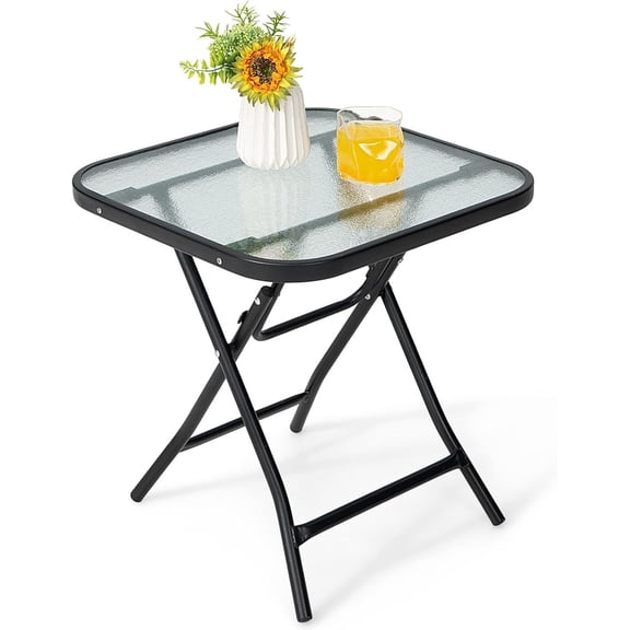 RONG-318” Folding Square Glass Side Table, Portable Patio Bistro Coffee Table with Tempered Glass Tabletop, Solid Steel Structure, Ideal for Poolside Backyard Living Room