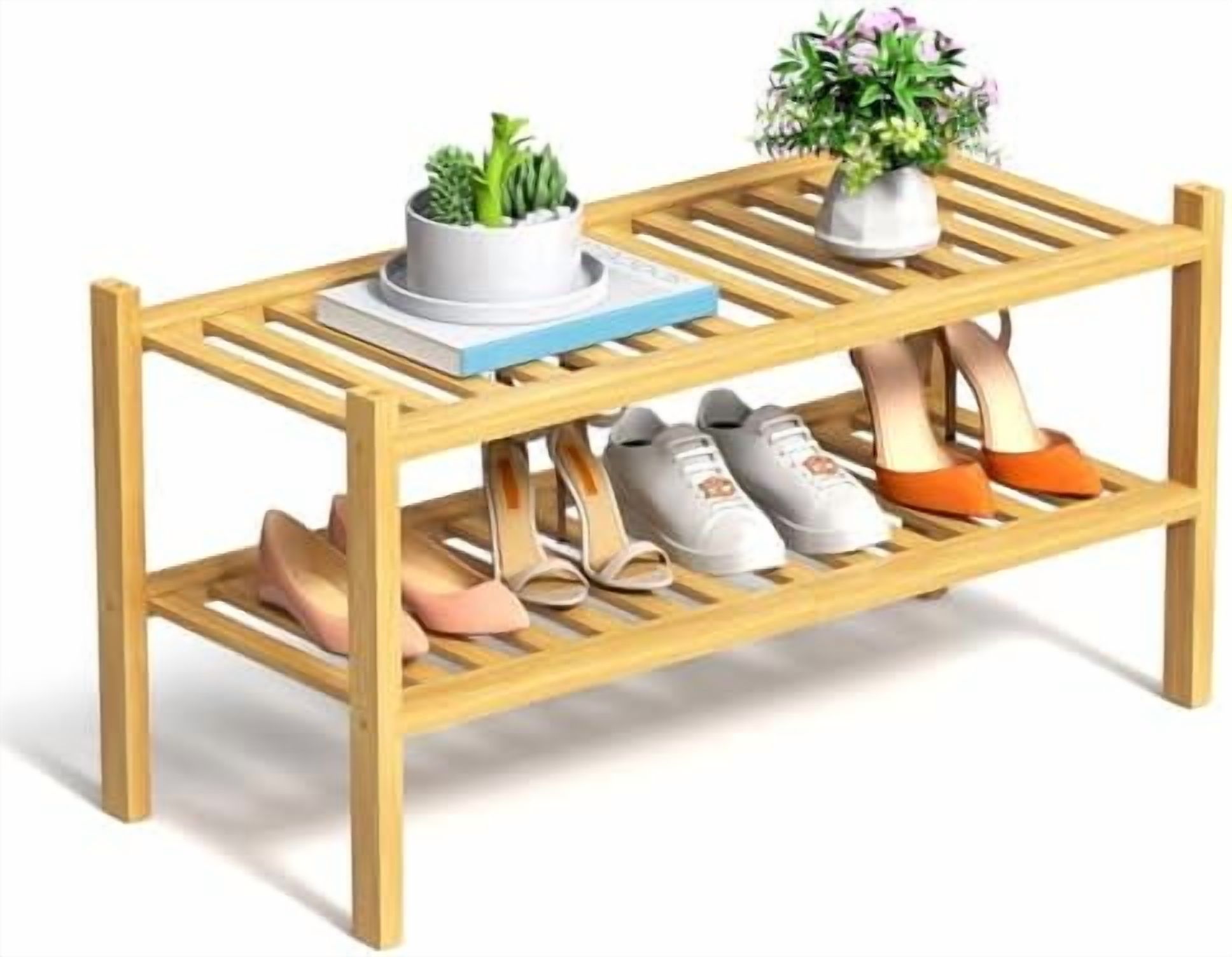 RONGJlA 2 Tier Bamboo Shoe Rack for Closet Free Standing Wood Shoe ...