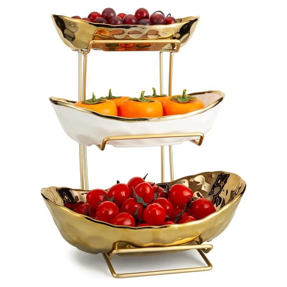 RONGKUN 3 Tier Fruit Bowl for Kitchen Counter, White Gold Ceramic Fruit Stand for Countertop,  Vegetable Bowl Snacks Nuts Bread Candy Storage, Home Fruit Rack with Holder