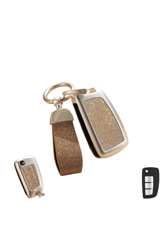 Key Fob Cover for Nissan 3-Button Flip/Folding Key, Zinc Alloy & Leather Bling Protector with Keychain, Compatible with Sentra, Versa, Rogue, Altima, Pink/Brown/Silver