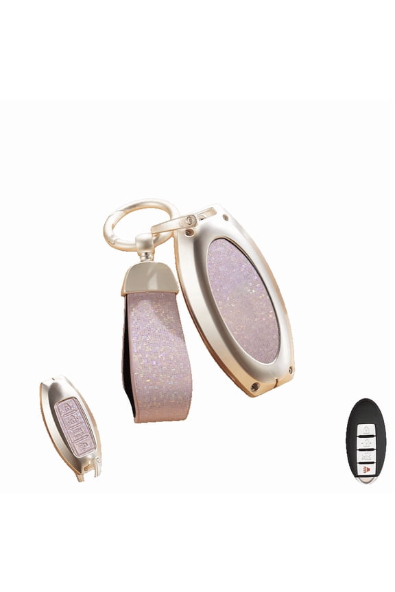 Key Fob Cover for Nissan 4-Button Smart Key, Zinc Alloy & Leather Bling Protector with Keychain, Compatible with Pathfinder, Rogue, Altima, Maxima, Pink/Brown/Silver