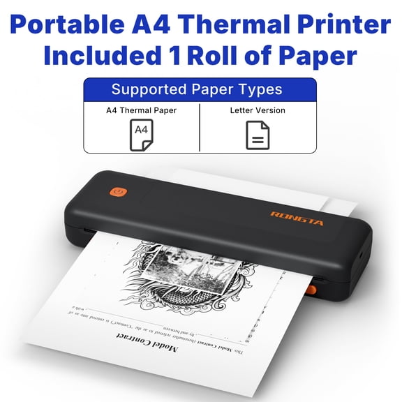RONGTA F12B Portable Wireless Thermal Printer, A4 Document Printer with Paper Tray for Travel, Home and Office, Black