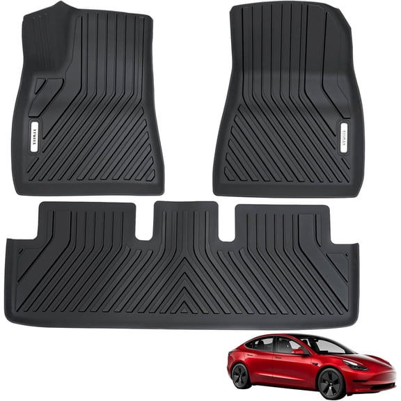 RONGTUO 3-Piece TPE Floor Mats for 2019-2023 Tesla Model 3 (5-Seater), Front & Rear, Anti-Slip Waterproof Odorless Easy Clean, Black