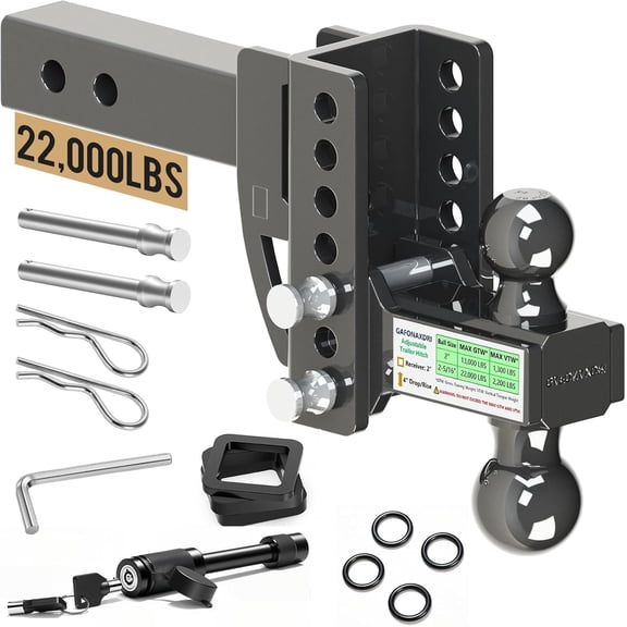 RONGTUO Adjustable Trailer Hitch, Fits 2-Inch Receiver, Dual Ball 2" & 2-5/16", 22,000 lbs Max GTW, 4" Drop/Rise, Premium Manganese Steel, Bulletproof Lock, Anti-Rust, Anti-Rattle