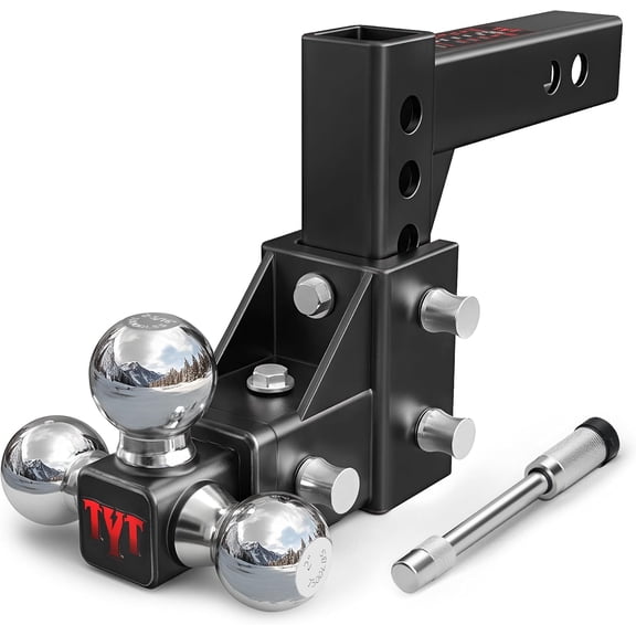 RONGTUO Adjustable Tri-Ball Trailer Hitch, Fits 2-Inch Receiver, 5" Drop/Rise, Triple Balls 1-7/8", 2", 2-5/16", 10,000 lbs GTW, 1,000 lbs TW, with Hitch Pin Lock & Tri Pins