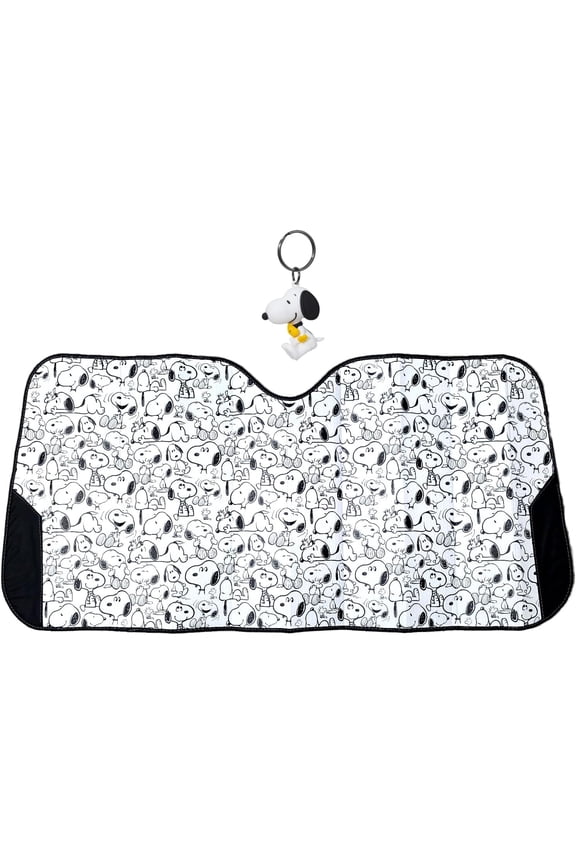 Snoopy Expression Windshield Sunshade Bundle w/ 3D Keychain Plasticolor Peanuts Design Foldable Universal Fit