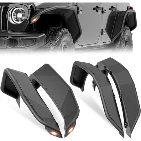 RONGTUO Tubular Front & Rear Fender Flares for 2018-2026 Jeep Wrangler JL JLU 2/4 Doors – w/ Turn Signal Lights – 4PCS Steel