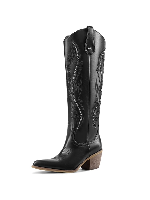 Cowboy Boots for Women Cowgirl Studded Knee High Pointed Toe with Chunky Heel Western Embroidered for Daily Outfits Party Country Concert Wedding Dancing