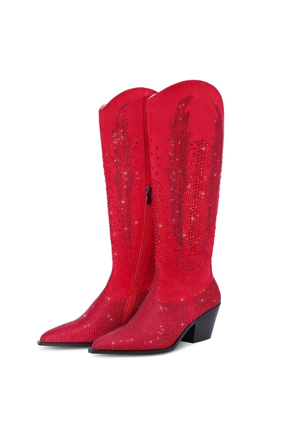 Knee High Cowboy Boots for Women Cowgirl Western Boots Rhinestone Bling Pointed Toe Chunky Heel Pull On Fashion Shoes Tall Boot