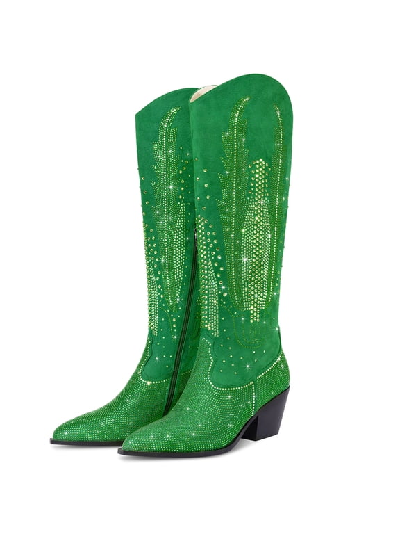 Knee High Cowboy Boots for Women Cowgirl Western Boots Rhinestone Bling Pointed Toe Chunky Heel Pull On Fashion Shoes Tall Boot