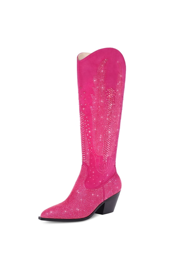Knee High Cowboy Boots for Women Cowgirl Western Boots Rhinestone Bling Pointed Toe Chunky Heel Pull On Fashion Shoes Tall Boot