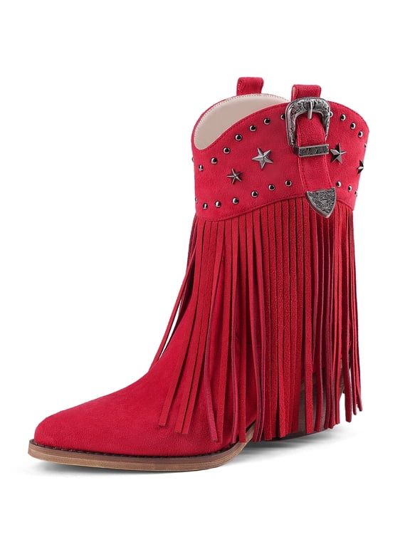 Women Cowgirl Cowboy Boots, Western Ankle Fringe Boots Pointed Toe with Star Studs & Buckle, Retro Suede Short Pull Off Boots with Chunky Heel for Music Festivals & Concerts