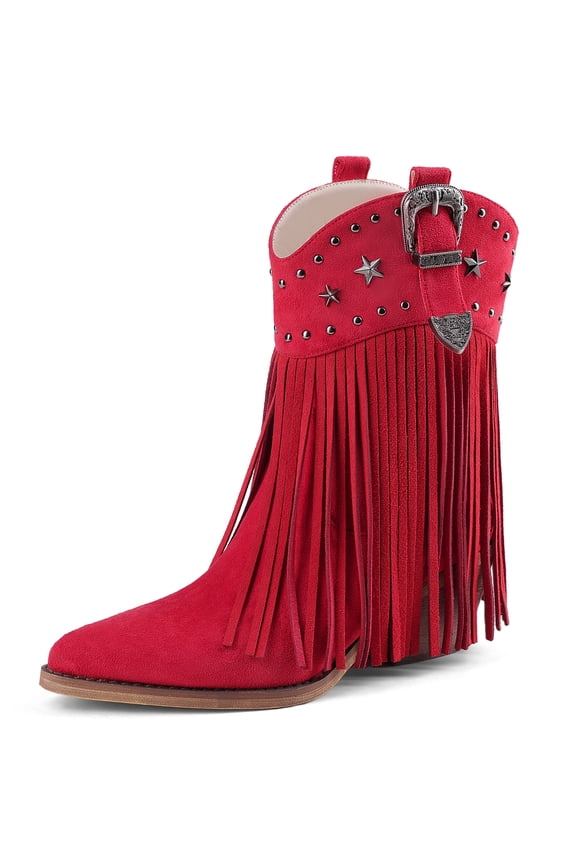 Women Cowgirl Cowboy Boots, Western Ankle Fringe Boots Pointed Toe with Star Studs & Buckle, Retro Suede Short Pull Off Boots with Chunky Heel for Music Festivals & Concerts