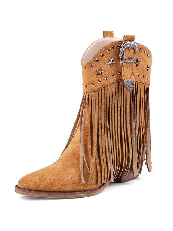 Women Cowgirl Cowboy Boots, Western Ankle Fringe Boots Pointed Toe with Star Studs & Buckle, Retro Suede Short Pull Off Boots with Chunky Heel for Music Festivals & Concerts
