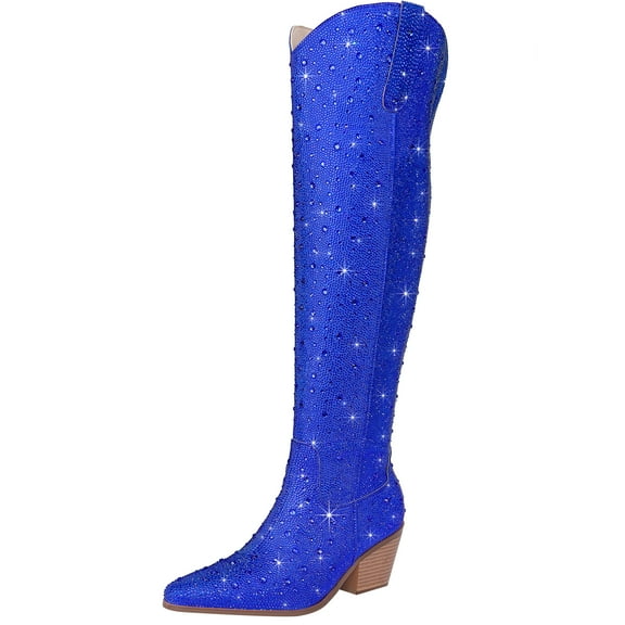 RONILURN Women Rhinestone Over the Knee Cowboy Boots Sparkly Bling Cowgirl Boots Western Thigh High Boots Pull-On Side Zippers Chunky Heel Pointed Toe
