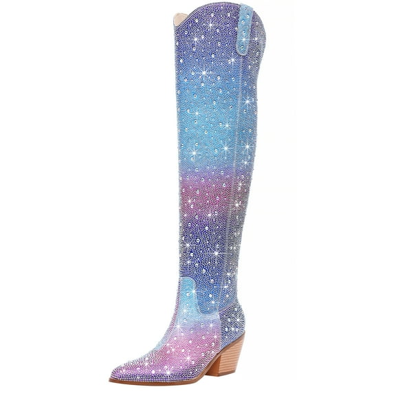 RONILURN Women Rhinestone Over the Knee Cowboy Boots Sparkly Bling Cowgirl Boots Western Thigh High Boots Pull-On Side Zippers Chunky Heel Pointed Toe