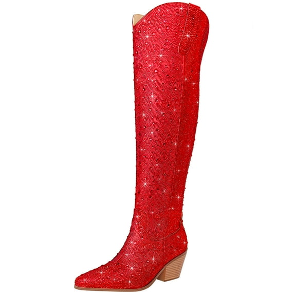 RONILURN Women Rhinestone Over the Knee Cowboy Boots Sparkly Bling Cowgirl Boots Western Thigh High Boots Pull-On Side Zippers Chunky Heel Pointed Toe