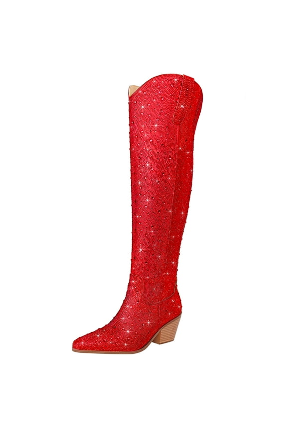 Women Rhinestone Over the Knee Cowboy Boots Sparkly Bling Cowgirl Boots Western Thigh High Boots Pull-On Side Zippers Chunky Heel Pointed Toe