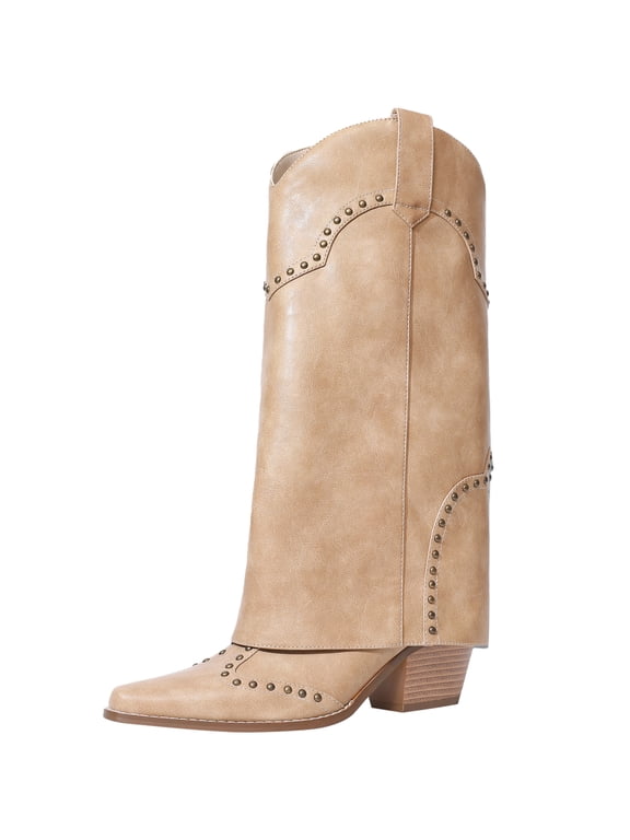 Women's Studded Foldover Western Cowboy Boots | Square Toe Chunky Heel Knee High Boots for Concert Festival Night Out