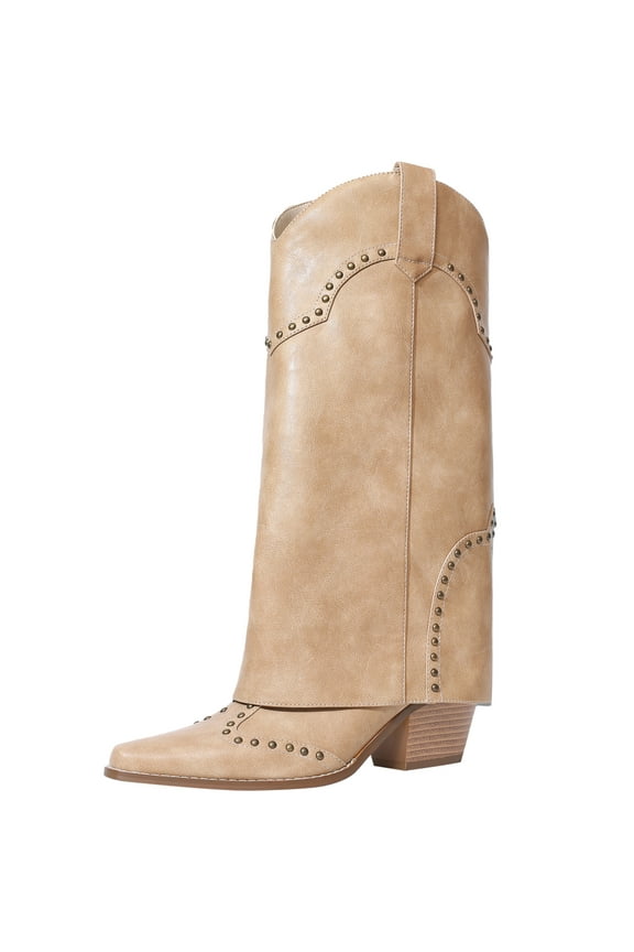 Women's Studded Foldover Western Cowboy Boots | Square Toe Chunky Heel Knee High Boots for Concert Festival Night Out
