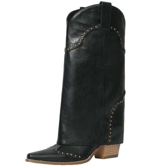 RONILURN Women Shark Boots Fold Over Mid Calf Chunky Heel Snip Toe Cowboy Cowgirl Pull On Studded Boots for Women