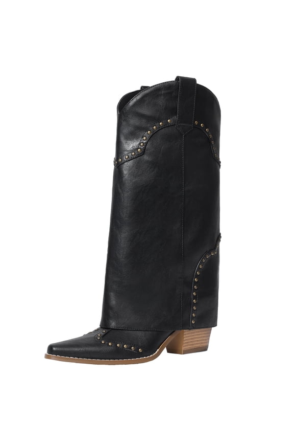 Women's Studded Foldover Western Cowboy Boots | Square Toe Chunky Heel Knee High Boots for Concert Festival Night Out