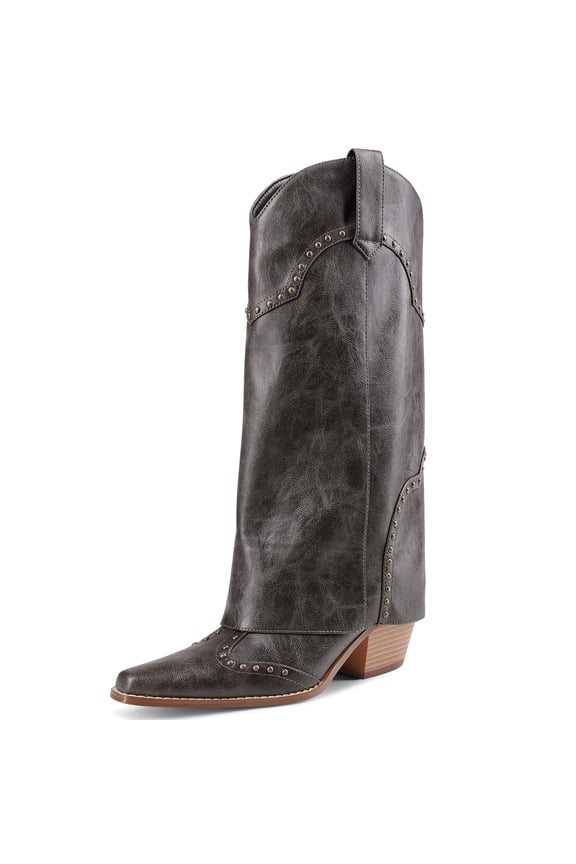 Women's Studded Foldover Western Cowboy Boots | Square Toe Chunky Heel Knee High Boots for Concert Festival Night Out