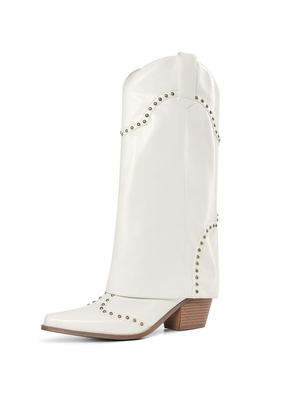 Women Shark Boots Fold Over Mid Calf Chunky Heel Snip Toe Cowboy Cowgirl Pull On Studded Boots for Women