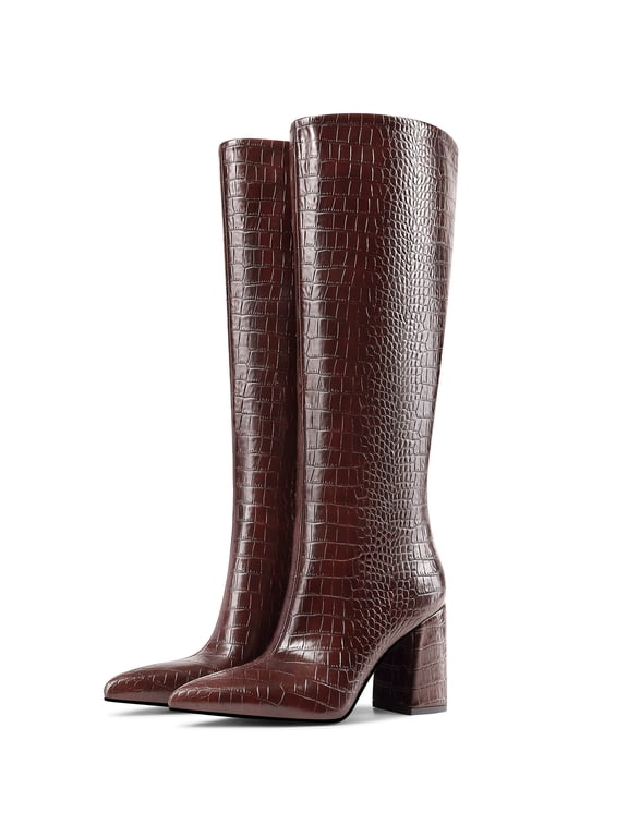 Women's Croc-Embossed Knee High Boots Pointed Toe Chunky Block Heel Flexible Tall Boots Fall Winter Dress Shoes