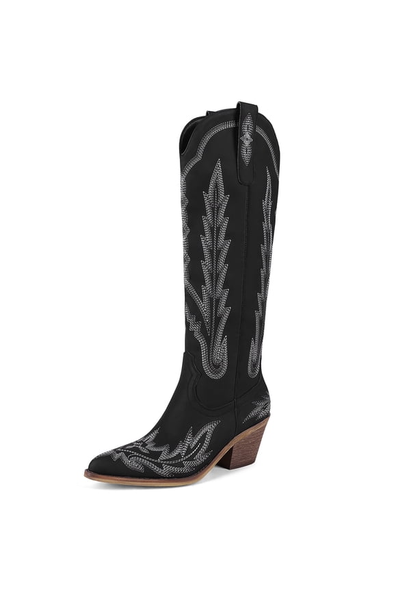 Women's Embroidered Knee High Cowboy Boots Snip Toe Stacked Heel Western Boots