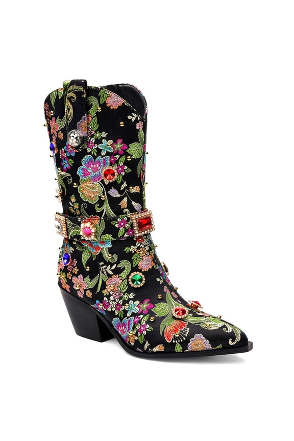 Women's Floral Embroidered Cowboy Boots Rhinestone Studded Mid Calf Western Boots Chunky Heel Pointed Toe Ankle Strap Boots for Party Festival Concert