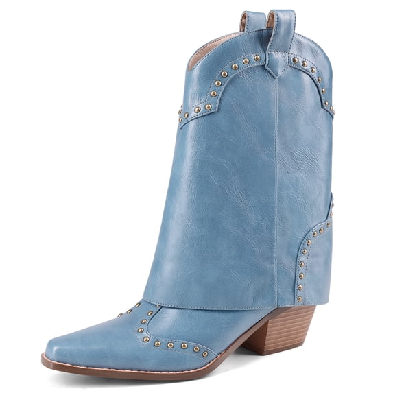 RONILURN Women's Foldable Cowboy Ankle Boots Pointed Toe Chunky Heel Slip On Rivets Western Boots
