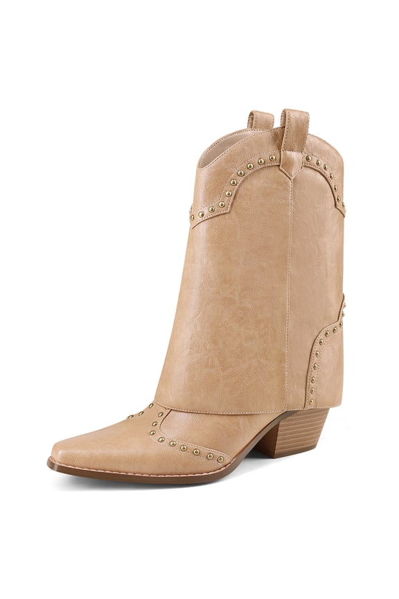Women's Foldable Cowboy Ankle Boots Pointed Toe Chunky Heel Slip On Rivets Western Boots
