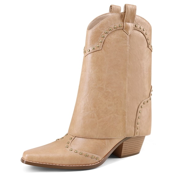 RONILURN Women's Foldable Cowboy Ankle Boots Pointed Toe Chunky Heel Slip On Rivets Western Boots