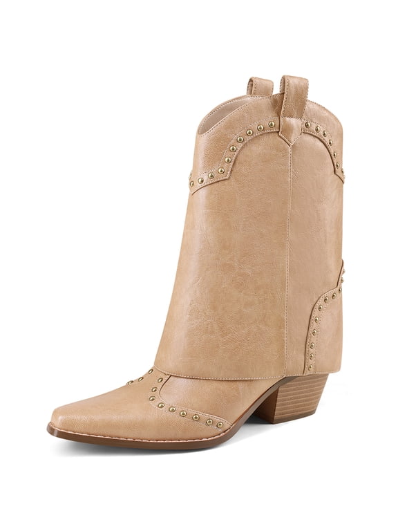 Women's Foldable Cowboy Ankle Boots Pointed Toe Chunky Heel Slip On Rivets Western Boots