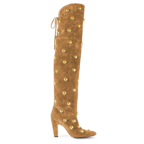 RONILURN Women's Gold Studded Over The Knee Boots Suede Square Toe Thigh High Boots Block Heel Over The Knee Boots for Party Evening Night Out