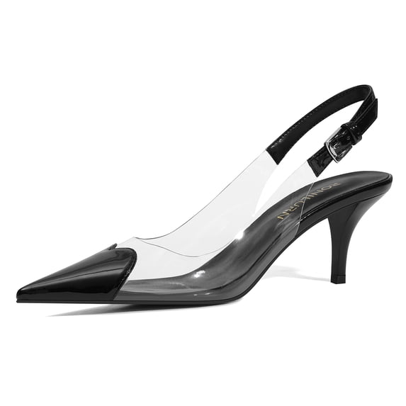 RONILURN Women's Kitten Heel Pumps Transparent Slingback Closed Pointed Toe Low Heel Dress Shoes Backless Comfortable Clear PVC