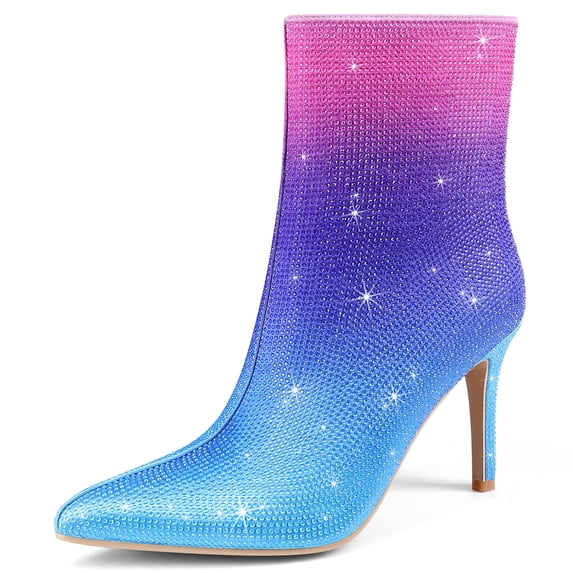 RONILURN Women's Rhinestone Ankle Boots Pointed Toe Stiletto High Heel Dressy Colorful Gradient Fashion Booties Dress Boots for Party & Special Occasions