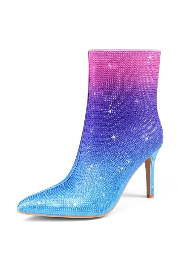 Women's Rhinestone Ankle Boots Pointed Toe Stiletto High Heel Dressy Colorful Gradient Fashion Booties Dress Boots for Party & Special Occasions