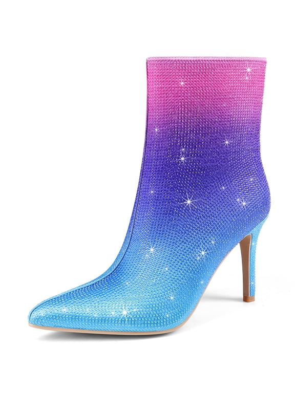 Women's Rhinestone Ankle Boots Pointed Toe Stiletto High Heel Dressy Colorful Gradient Fashion Booties Dress Boots for Party & Special Occasions