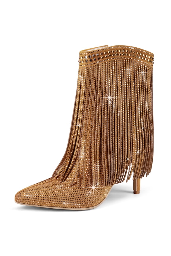 Women's Rhinestone Fringe Ankle Boots Sparkly Bling High Heel Stiletto Booties with Side Zipper Pointed Toe Dressy Tassel Fashion Boots