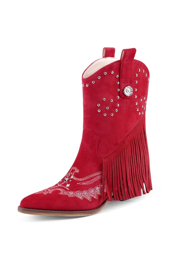 Women's Western Fringe Cowboy Boots Pointed Toe Chunky Heel Tassel Cowgirl Ankle Booties