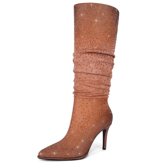 RONILURN Womens Rhinestone Knee High Boots Sparkly Slouchy Tall Boots Pointed Toe High Heel Wide Calf Glitter Stiletto Boot for Women