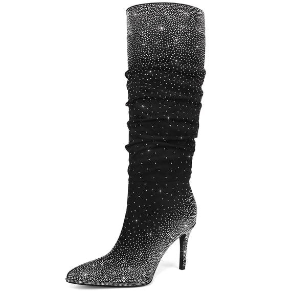RONILURN Womens Rhinestone Knee High Boots Sparkly Slouchy Tall Boots Pointed Toe High Heel Wide Calf Glitter Stiletto Boot for Women