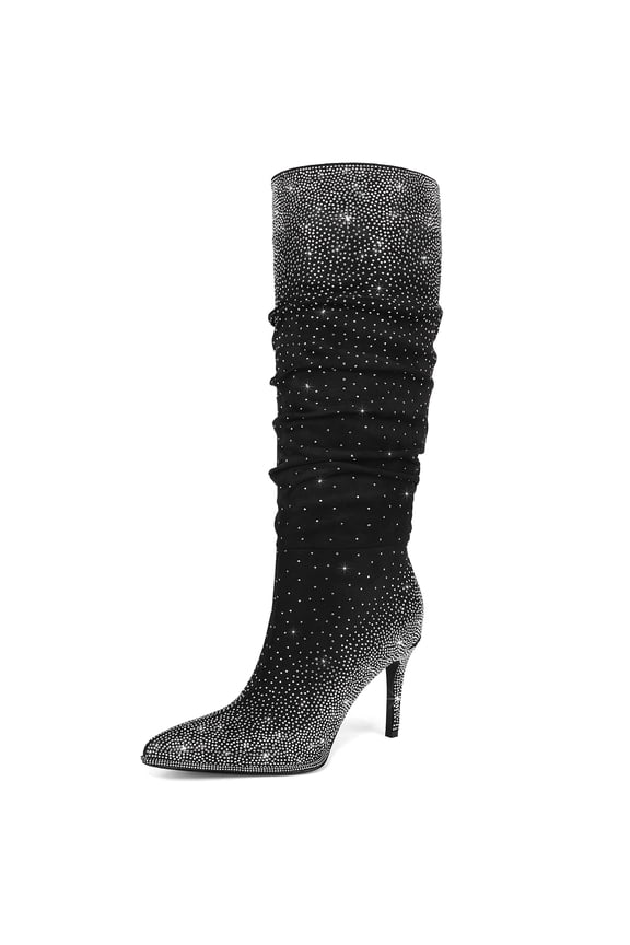 Womens Rhinestone Knee High Boots Sparkly Slouchy Tall Boots Pointed Toe High Heel Wide Calf Glitter Stiletto Boot for Women