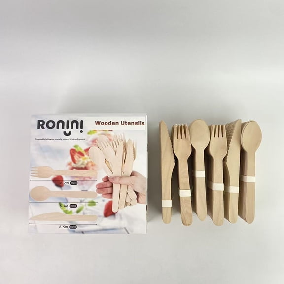 RONINI Disposable tableware, namely, knives, forks and spoons, Wooden Compostable Utensils Eco-Friendly Forks And Spoons Silverware
