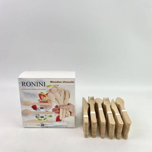 RONINI Disposable tableware, namely, knives, forks and spoons, Wooden Compostable Utensils Eco-Friendly Forks And Spoons Silverware