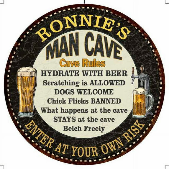 RONNIE'S Man Cave Rules 14" Round Metal Sign Garage Wall Decor 100140010344